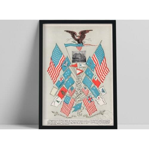 The Flags Of The Union Poster, Vibrantly Colored Various USA Flags Illustration Canvas Painting, History Education Wall Decor