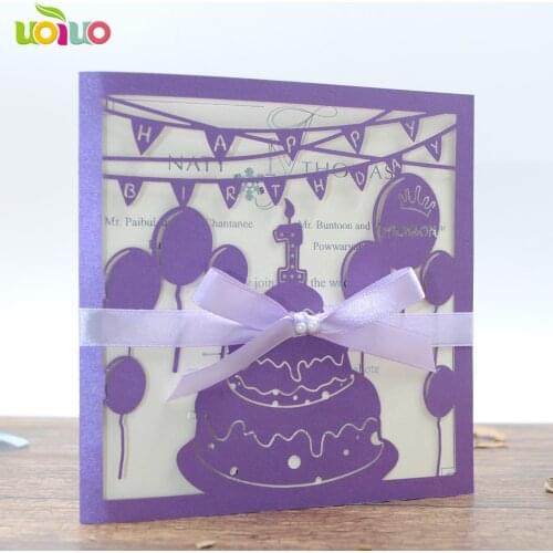 DIY customzied inc272 purple ballon Wedding invitations Card cake birthday card ,tied lavender bow,print insert,envelope