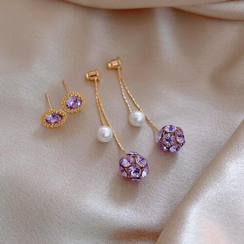 Luxurious Noble Purple Semi-precious Stones Round Ball Eardrop Creative Geometry Can Be Worn Separately Long Tassel Earrings