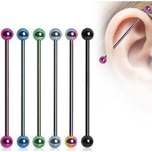SaYao 2piece Surgical Stainless Steel 1.6*38*6mm Ball 14G Long Industrial Barbell Neon Candy Color Body Ear Piercing Jewelry
