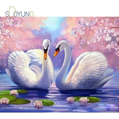SDOYUNO DIY painting by numbers with frame for adults lover swan animals acrylic paints for painting Unique Gift For Home Decor