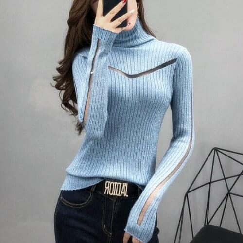 Sexy Bright Silk Top Turtleneck Sweater Coat Women Long-Sleeved Cultivate OneS Morality Perspective Net Yarn Splicing Knit