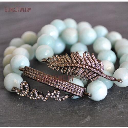 Boho Chic Aqua Blue Beads Bracelet Pave Feather or Bar or Love Bracelets BM22564