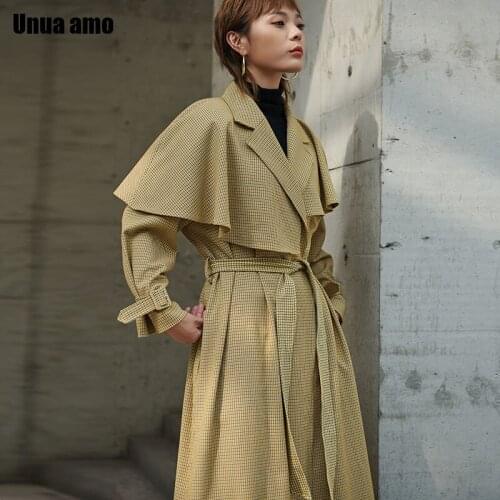 Unua amo Vintage Houndstooth Trench Coat For Women High Street Elegant Long Outwear Female Chic Adjustable Tie Belt Windbreaker
