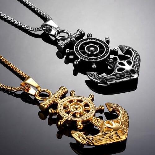Stainless Steel Vintage Anchor Wheel Boat Pendant Necklace Men Punk Rock Fashion Pirate Ship Rudder Necklaces Gift For Him