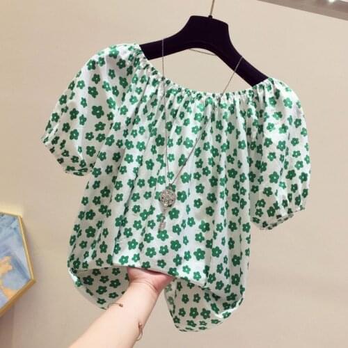 Slash Neck Floral Women Blouse Summer New 2021 Puff Sleeved Loose Elegant Female Pulls Tops