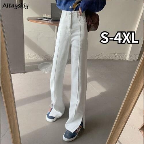 Jeans Women Denim Trouser Cool Streetwear High Waist Side-slit Pocket Folds Flare Fashion Ulzzang Chic Loose Casual All-match BF