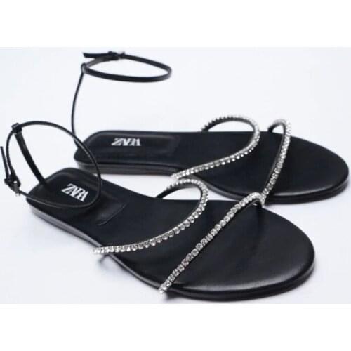 ZAR 2021 Summer New Black Fashion Round Toe Flat Sandals Sexy Rhinestone Outer Wear Muller Sandals And Slippers Women Chaussure