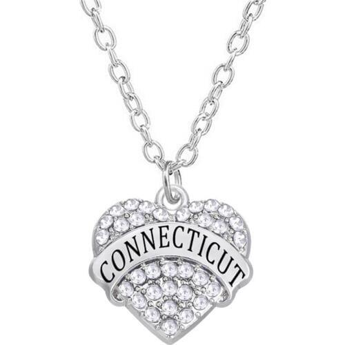 Custom Engraved Words Name Connecticut Charm Crystal Hearts Necklaces Girl Women Jewelry