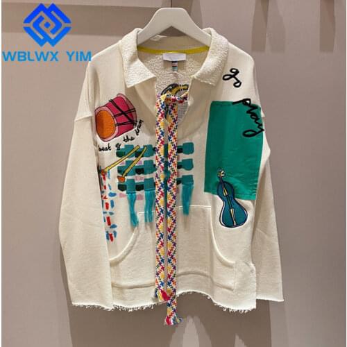 Letter Embroidery Sweatshirt Women Autumn Hoodies Lapel Lacing Long Sleeve Fashion Tassel Pullover Female Loose Tops Sweatshirts