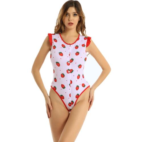 Womens Lingerie Sexy Bodysuit Romper Strawberry Pattern Round Neck Sexy Sleepwear Nightwear Sleeveless Button Closure Bodysuit