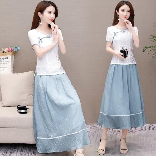 Vintage Embroidery Flowers Short Sleeve O-neck Tea-length High Waist A-line Blue Pink Women Dress Party Plus Size Vestidos