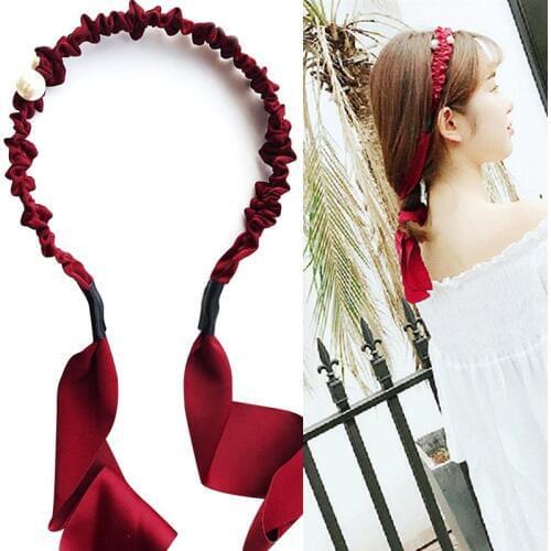 1pc Women Headband Vintage Fake Pearl Decor Head Wrap Headband Hair Hoop With Ribbon Tie Party Dress Up Hair Accessories