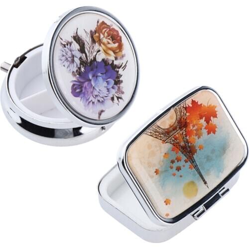 2pcs Round(3 Grids) + Square(2 Compartments) Stainless Steel Compact Medicine Case, Pill Box for Pocket or Purse with Mirror