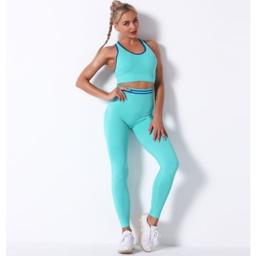 Seamless Yoga Set Women Fitness Clothing Sportswear Woman Gym Leggings Padded Push-up Strappy Sports Bra 2 Pcs Sports Suits 2079