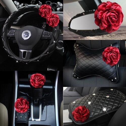 Red Rose Flower Car Seat Interior Accessories Leather Steering Wheel Cover Auto Crystal Handbrake Shifter Cover Seat Belt Cover