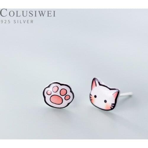 Colusiwei Authentic 925 Sterling Silver Enamel Animal Stud Earrings for Women Lovely Cat Paw Earring Fine Jewelry Kids Gifts