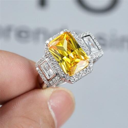 Geometric Yellow Topaz Engagement Rings For Women 925 Sterling Silver Square Citrine Gemstone Ring Wedding Jewelry Bridal Gifts