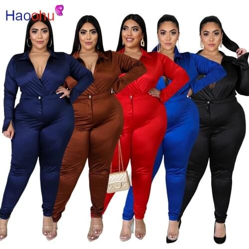 HAOOHU Two Piece Set Plus Size Women Clothing Deep V Neck Bodysuit Top And Zipper Long Pants Sexy Outfits For Night Club