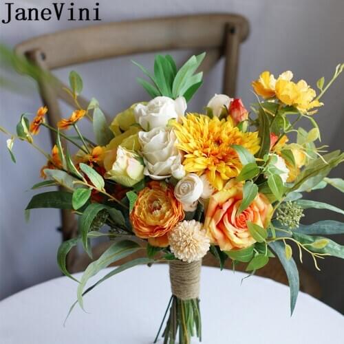 JaneVini Yellow Artificial Rose Silk Flowers Wedding Bouquets for Bride Sunflower Handmade Bridal Accessories bukiet sztuczny