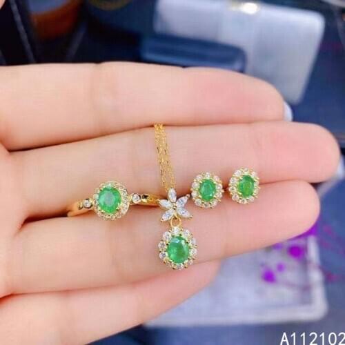 KJJEAXCMY fine Jewelry 925 sterling silver inlaid natural Emerald vintage pendant ring earring set support test Chinese style