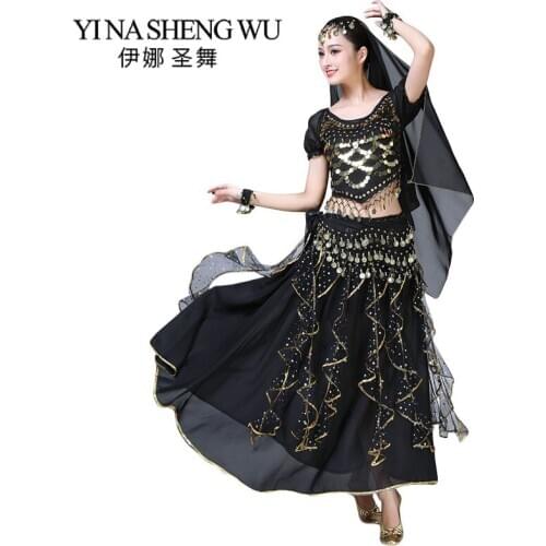 Bollywood Sequin Clothes Adult Indian Belly Dance Costumes Women Short Sleeve Chiffon Performance Dress 2-5 Pcs Bellydance Set