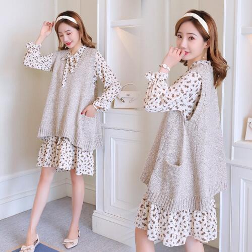 Envsoll Two-piece Suit Floral Dress+Knit Vest Maternity Wear 2019 Autumn Winter Maternity Dresses Pregnant Clothes For Pregnant