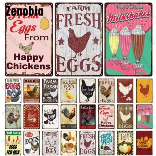 Farm Fresh Eggs Happy Chicken Metal Sign Tin Posters Vintage Wall Plaque Painting Wall Art Craft for Farm House Metal Decoration