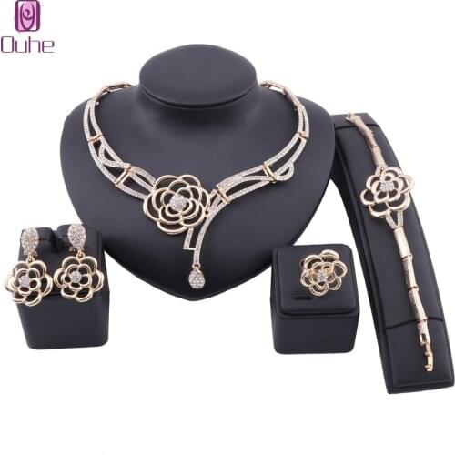 Fashion Dubai Gold Color Jewelry Flower Crystal Necklace Bracelet Ring Earring Women Italian Bridal Accessories Jewelry Set