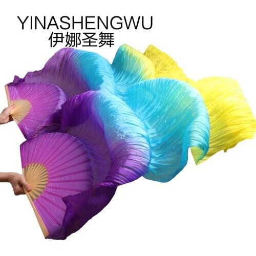 New Arrivals Stage Performance Dance Fans 100% Silk Veils Colored Women Belly Dance Fan Veils (2pcs) purple+turquoise+yellow