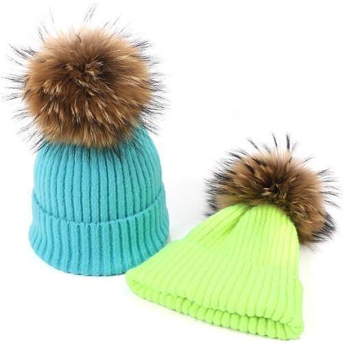 Autumn Winter Knitted Wool Hats For Women Fashion Pompon Beanies Fur Hat Female Warm Caps With Natural Genuine Raccoon Fur Cap