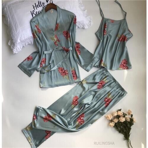 Women Flower Print Kimono Pajama Sets Summer 3 Pieces Satin Sleepwear Plus Size Pijama Silk Home Wear Sleep Lounge Female Pyjama
