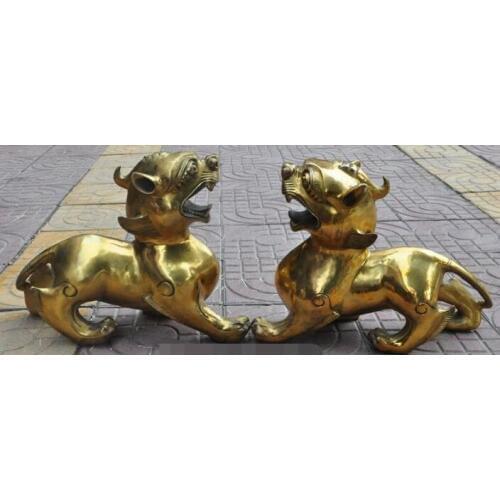 S00435 16"China fengshui Lucky Brass Animal PiXiu Phylactery Guardian Beast statue Pair