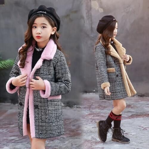 Girls Woolen Coat 2020 New Childrens Plaid Clothing Long Woolen Coat Winter Clothes Wool Coat for Girls Faux Fur Coat