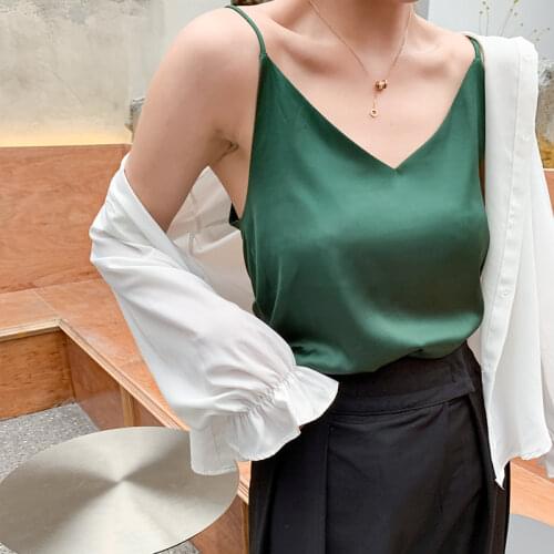 Womens Summer Top Sleeveless Satin Silk Spaghetti Strap Top Women Halter V Neck Sexy Solid Soft Tank Tops Female Camis