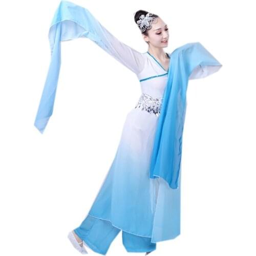 Jasmine Dance Performance Show Costume Women 3 Piece Classical Dance Dress Pant Set Outfit White Blue Chinese Traditional Style
