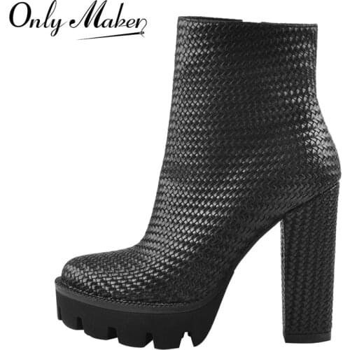Onlymaker 2021 Concise Womens Weave Ankle Booties Platform Chunky High Heel Matte Black White Side Zipper Large Size