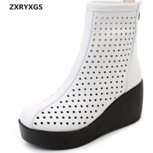 2019 High end Spring Summer Hole Shoes Woman Boots Platform Wedge Sandals Fashion Genuine Leather Boots Women Shoes Martin Boots