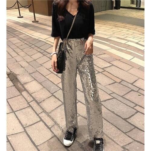 Womens Pants Casual Shining Bing Sequin Pant For Female Wide Leg Silver Trouser