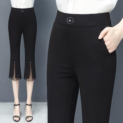 2021 New Summer Womens Capris Korean Fashion Casual Elastic Black Open Leg Lace Trumpet Pants D030