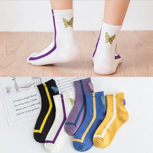 DONG AI 5 Pairs New Embroidered Butterfly Socks Women Autumn Female Ins Korea Style Beautiful Streetwear Harajuku Fashion