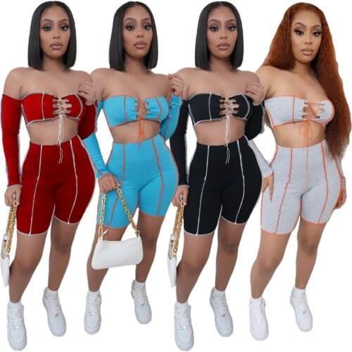 Womens Fashion Casual One-shoulder Stitching Bandage Sexy Night Club Party Slim Two-piece Suit Female Bulk Item Wholesale Lots