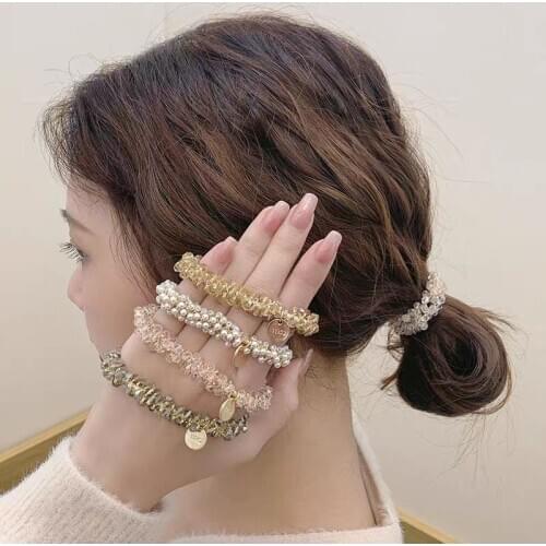 1Pc Women Elastic Hair Rope Tie Fashion Scrunchie Girls Ponytail Holder Pearls Crystal Rubber Band Korean Elegant Headdress