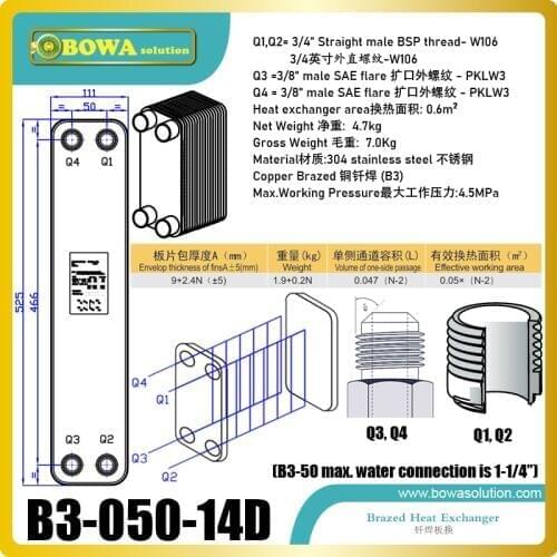 11kw heating capacity R410a to water and 4.5MPa working pressure plate heat exchanger is used in R410a heat pump air conditioner