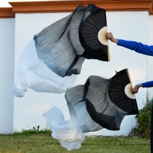 2016 High selling 100% Real Silk Veils 1 Pair handmade women Quality Silk Belly Dance Fan Dance black white 180*90 cm