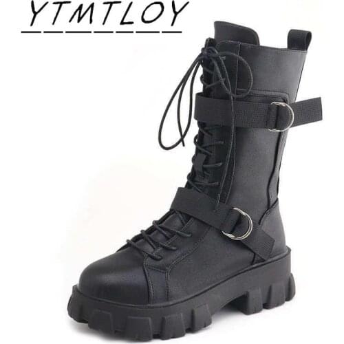 2021 Platform High Heels Motorcycle Boots Belt Buckle Fashion Cool Black Gothic Shoes Woman Boots Overknee Boots