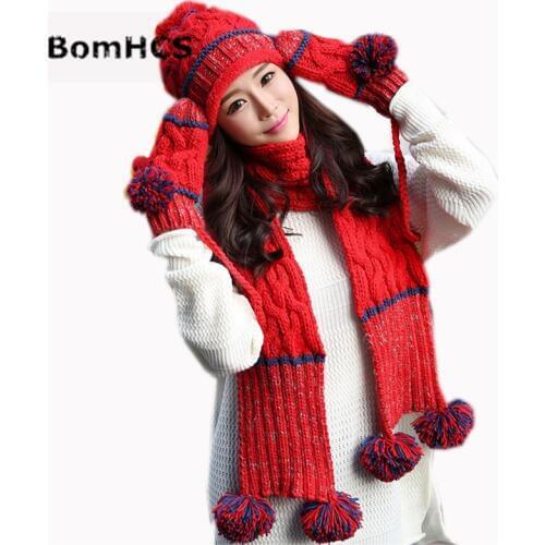 BomHCS 3pcs (hat+scarf+gloves) Suit Warm Winter Thick Womens Beanie Mittens Neckerchief 100% Handmade Knitting