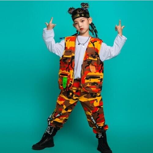 Kids Performance Jazz Clothing Sweatshirt Sleeveless Jacket Camo Cargo Pants Girl Boy Jazz Dance Costume Clothes Street Wear