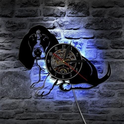 Basset Hound Dog LED Silhouette Wall Light LED Backlight Nightlight Animals Vinyl Record Wall Clock Gift For Dog Lover