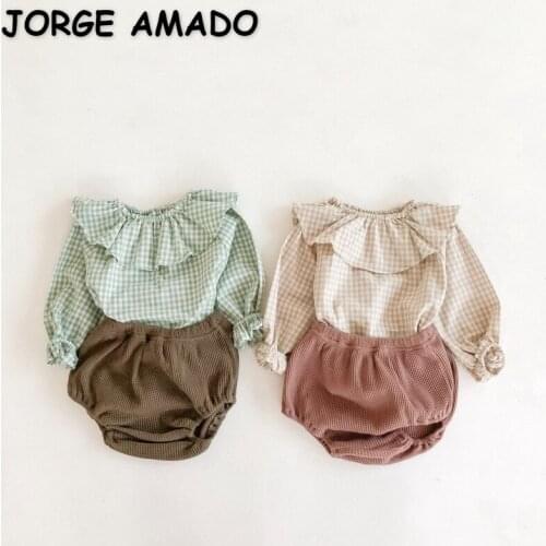 2021 New Spring Kids Girls 2-pcs Sets Plaid Shirts + Solid Color Shorts Cute Style Newborn Clothes E6094